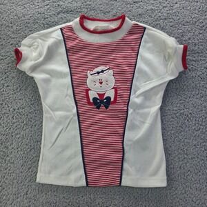 Vintage Health-tex Kids Ringer Shirt Red White Striped Nautical Bear Size 6 USA
